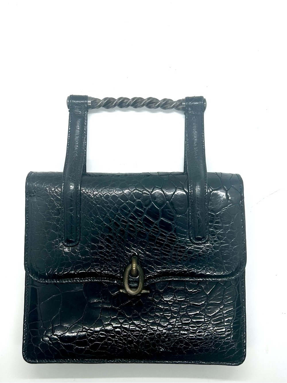 Vintage 1950s Alligator Leather Handbag Black Metal Handle